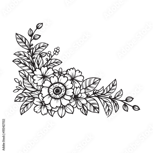 Vintage floral line art for wedding invitations. Delicate floral corner design for decorative purposes. Elegant black and white floral bouquet illustration