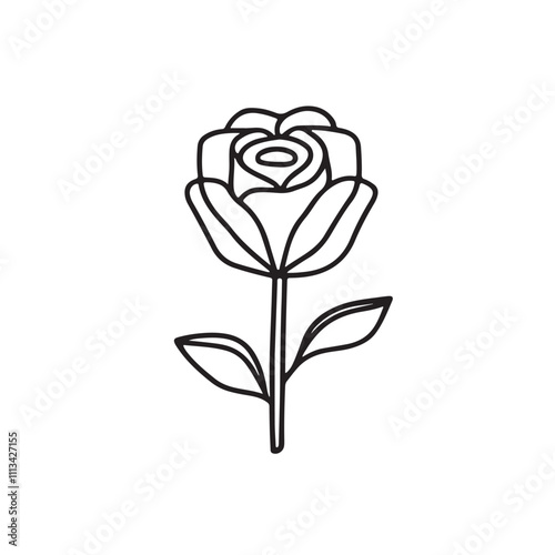 Minimalist rose line art illustration for romantic designs. Simple black and white line drawing of a rose. Delicate floral line art for various purposes