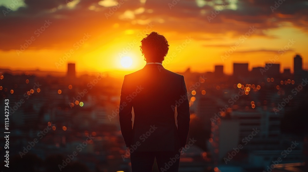 Man in Suit Overlooking City at Sunset Man in Suit Overlooking City at Sunset