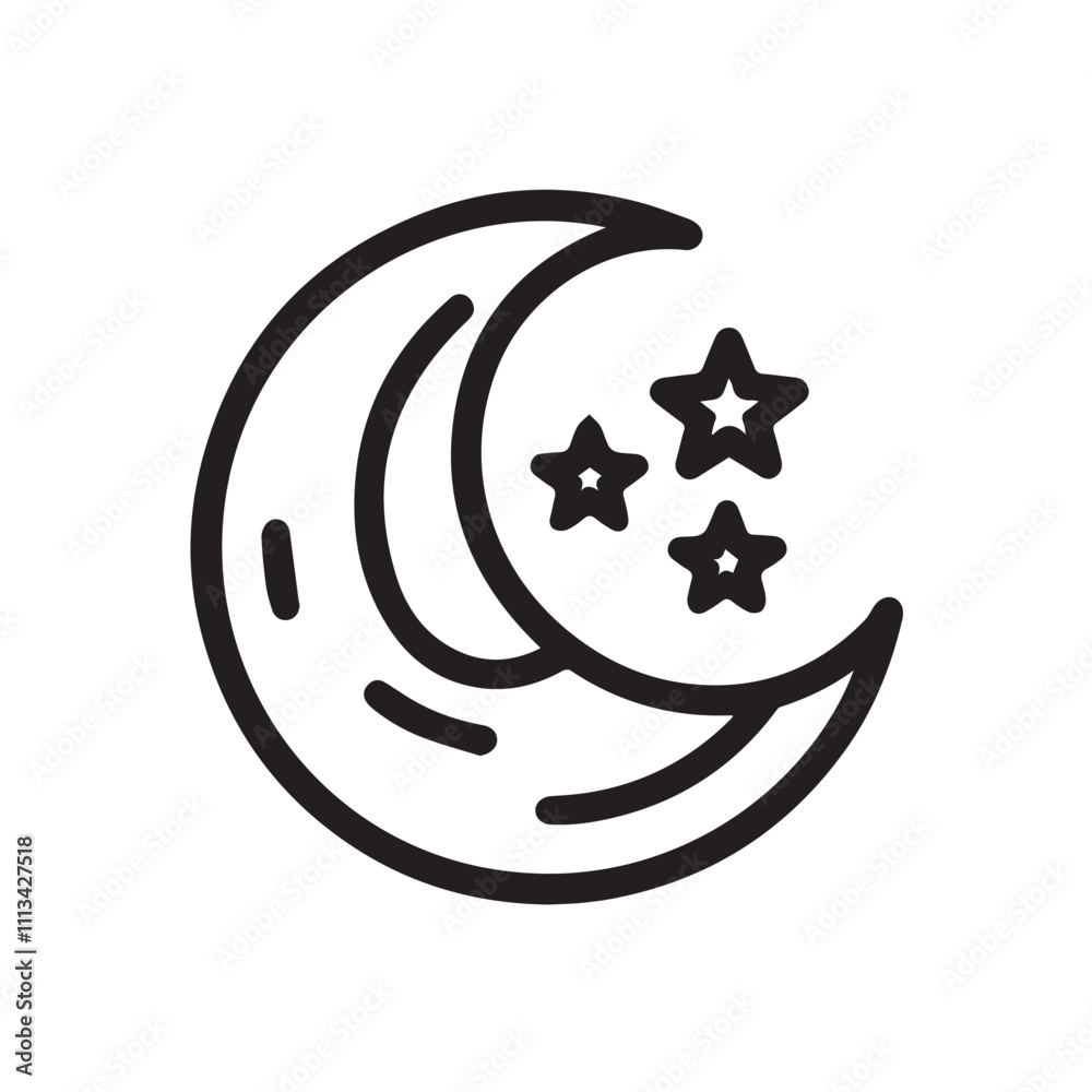 Minimalist black and white illustration of a crescent moon and stars. Bold graphic design of a moon and stars symbol Minimalist black and white illustration of a crescent moon and stars. Bold graphic design of a moon and stars symbol