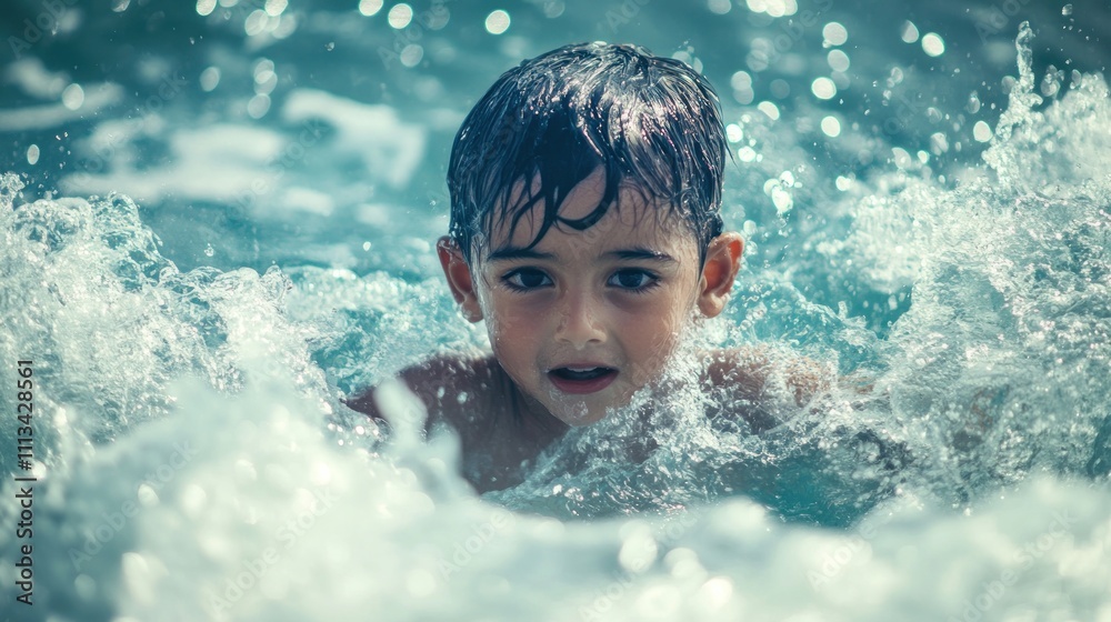 A little boy, made of water, plays in the middle of the sea. A little boy, made of water, plays in the middle of the sea.