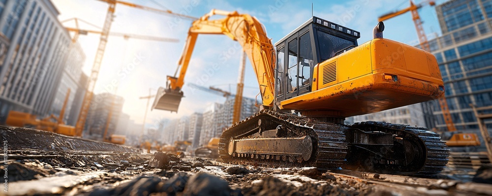 Excavator operating on construction site urban environment machinery heavy industry ground level view engineering concept