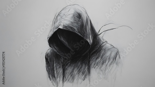 Graphite sketch of a hooded figure, dark and mysterious, with shading and texture details. photo