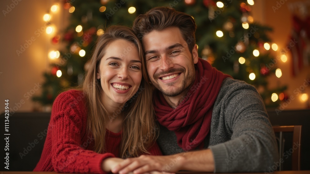 Couple Shares Joyful Moments by the Christmas Tree During the Holidays Couple Shares Joyful Moments by the Christmas Tree During the Holidays