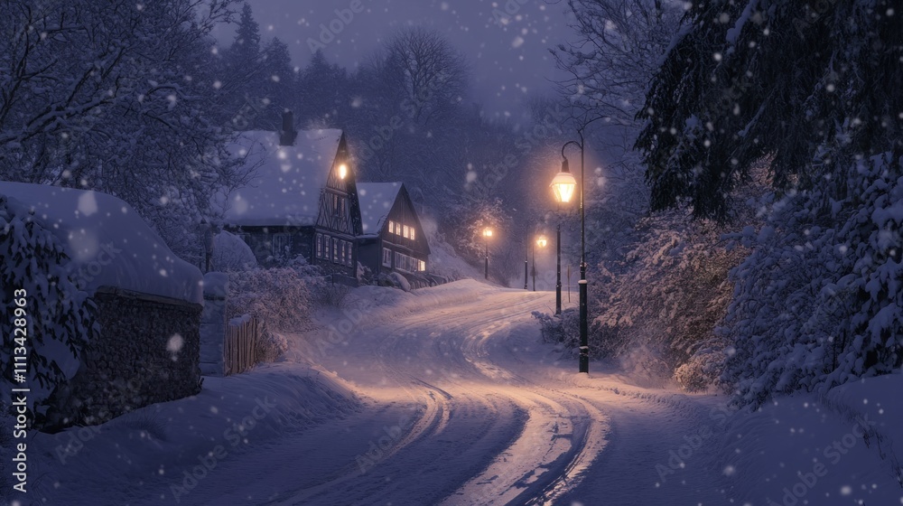 Snow Covered Village Street Night Lights Winter Scene Snow Covered Village Street Night Lights Winter Scene