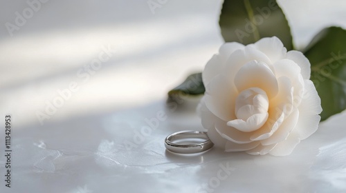 Elegant White Camellia Flower with Silver Wedding Ring