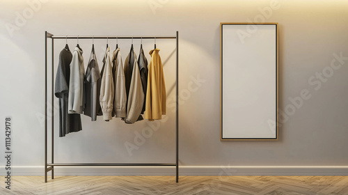 Modern boutique setup with a display of high-end clothing on a simple rack and a vertical mockup poster frame on a wooden floor, under tasteful lighting. photo