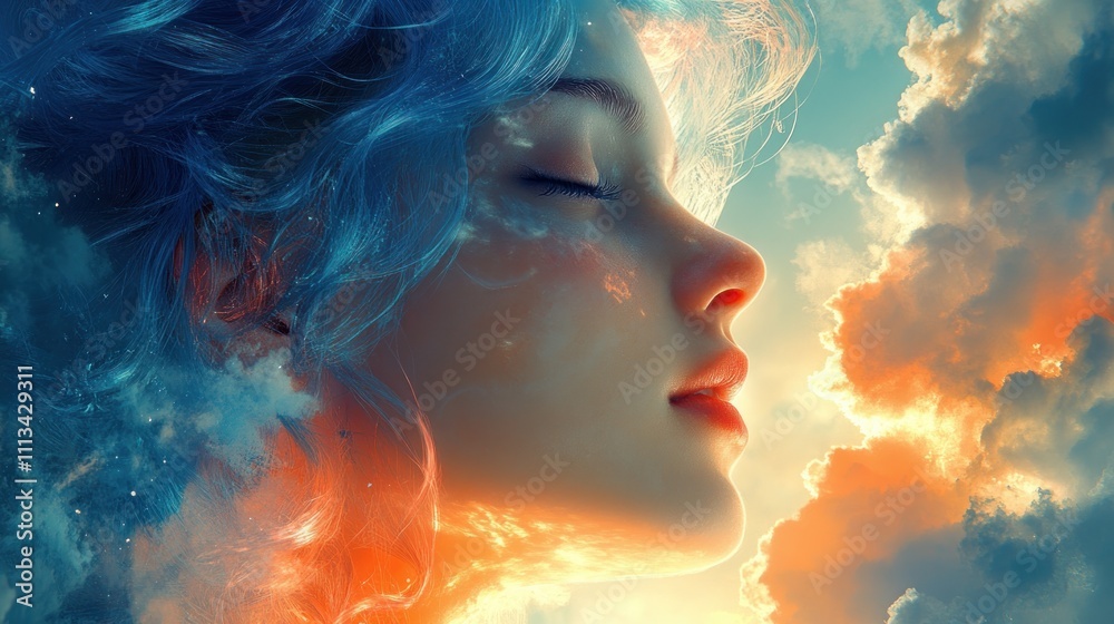 Girl with Flowing Blue Hair Under Soft Pastel Sky Girl with Flowing Blue Hair Under Soft Pastel Sky