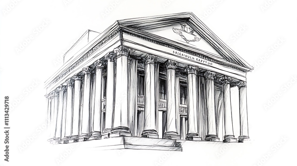Obraz premium Hand-drawn sketch of a classical building with columns and pediment.
