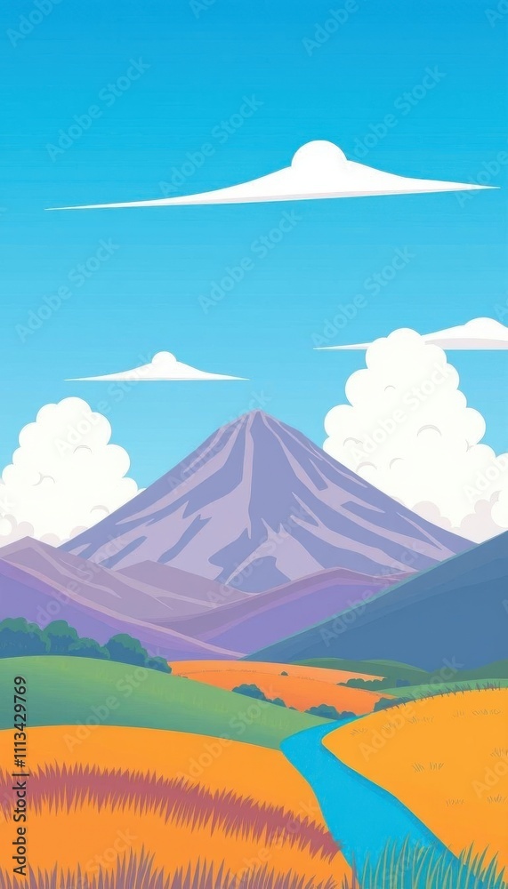 Fototapeta premium a cartoon illustration of a mountain landscape with a river running through