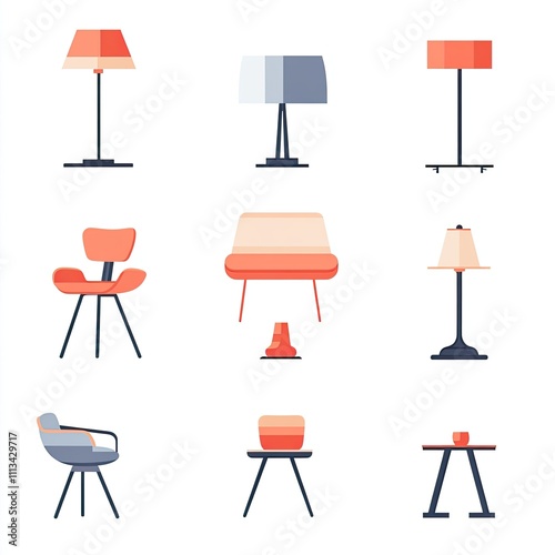 Collection of Modern Chairs, Lamps, and Tables in Flat Design Style