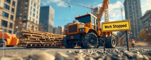 Construction equipment action urban site industrial content city environment ground level view work stoppage concept