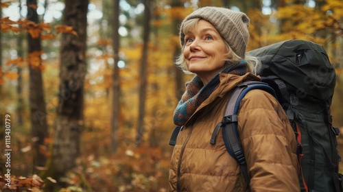 Senior Woman Hiking Autumn Woods Backpack Nature Fall Scenery