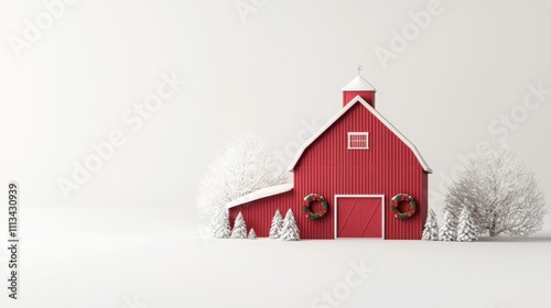 Christmas Farm Concept Red barn decorated for winter with snowy trees nearby.