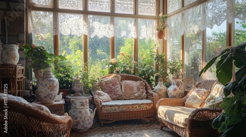 A cozy sunroom with wicker furniture and cushions adorned with chintz patterns. Large windows showcase an overgrown garden photo