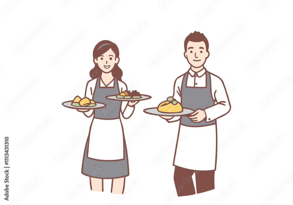 Male and female waiters in uniforms are holding trays of food and drinks ready to serve. Hand drawn style vector design illustrations.
Male and female waiters in uniforms are holding trays of food and drinks ready to serve. Hand drawn style vector design illustrations.