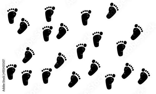 Seamless pattern of black baby footprints on a white background. Perfect for use in baby-themed designs, textiles, wallpapers, invitations, or digital projects. Simple and versatile vector design