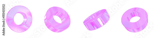 Set of 4 3d iridescent tube isolated on a transparent background. Pink tone. 3d elements for graphic design.