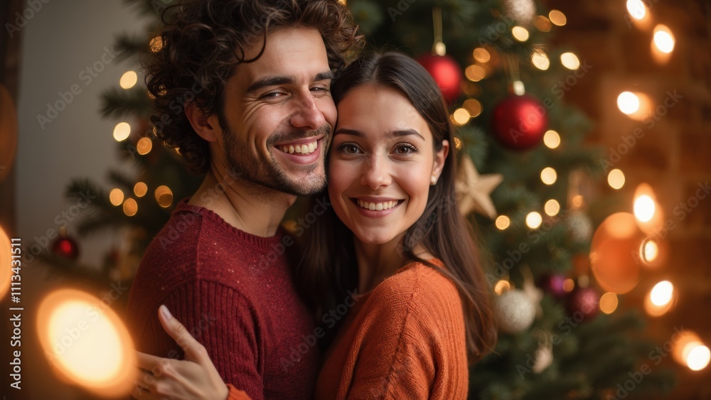 Couple Celebrating Holidays With Joy in Front of a Beautifully Decorated Christmas Tree Couple Celebrating Holidays With Joy in Front of a Beautifully Decorated Christmas Tree