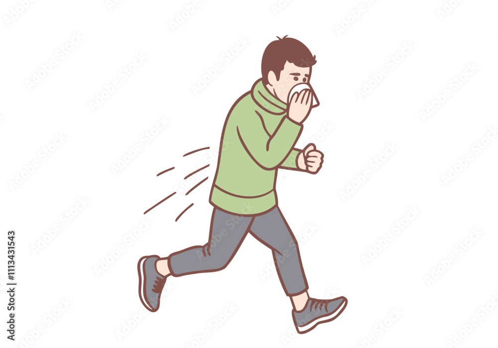A young man has a cold. His nose is running and he covers his nose because he is not wearing a mask. Hand drawn style vector design illustrations. A young man has a cold. His nose is running and he covers his nose because he is not wearing a mask. Hand drawn style vector design illustrations.