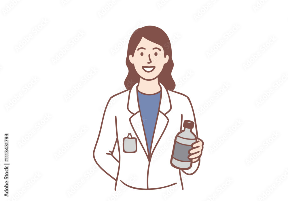 A young female pharmacist is holding a bottle of medicine. Hand drawn style vector design illustrations.
A young female pharmacist is holding a bottle of medicine. Hand drawn style vector design illustrations.