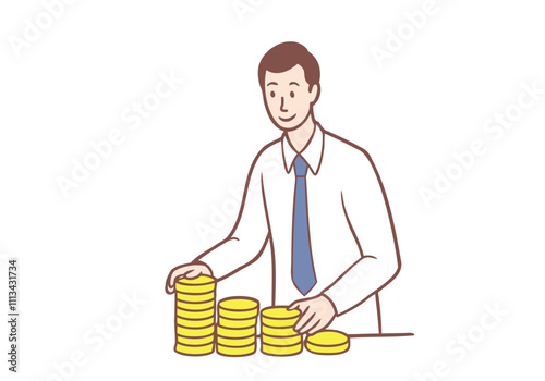 A young businessman is counting silver coins, gold coins by stacking them in steps. Hand drawn style vector design illustrations.
