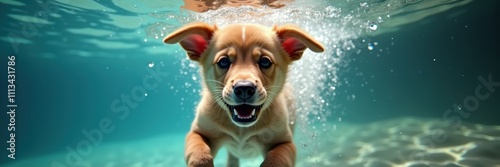 An adorable puppy swims joyfully underwater, showcasing its playful nature in a vibrant aquatic setting.