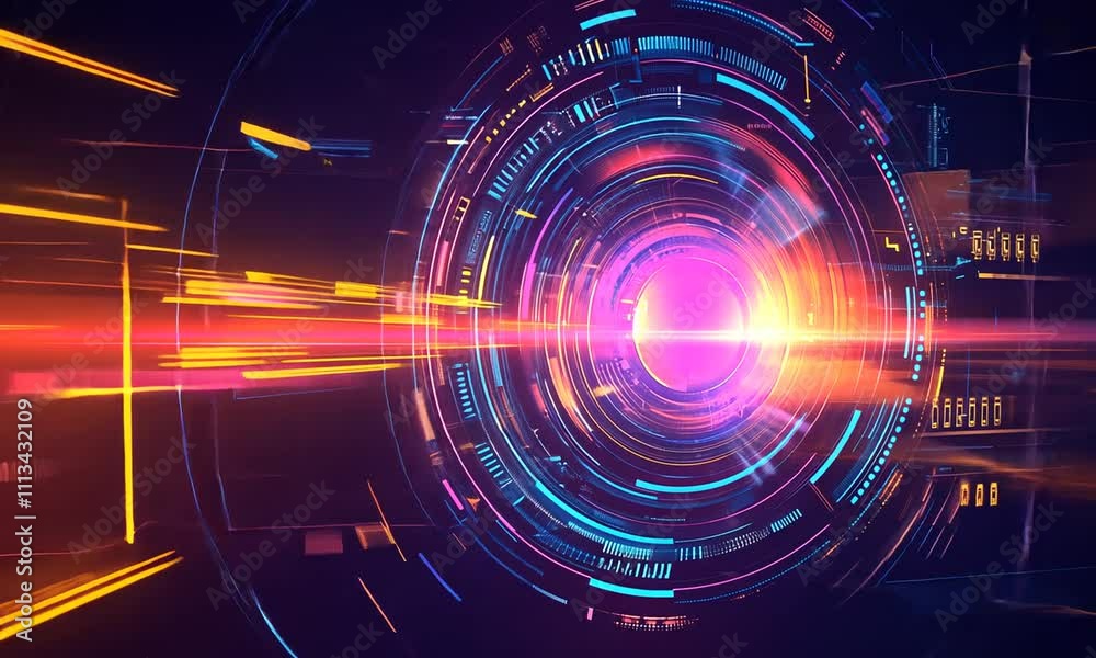 A vibrant digital design featuring concentric circles and radiant light effects, evoking technology. A vibrant digital design featuring concentric circles and radiant light effects, evoking technology.