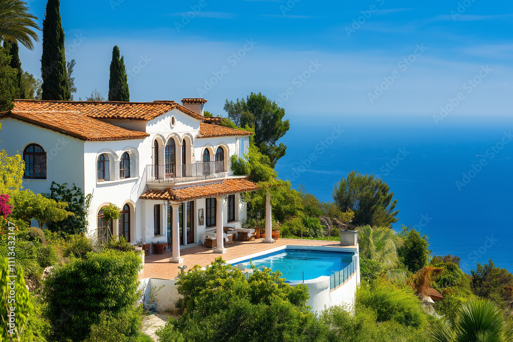 Fototapeta premium Traditional Mediterranean white house with pool on hill