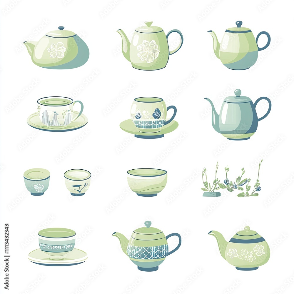 Collection of Pastel Green Teapots, Cups, and Bowls with Floral and Geometric Designs Collection of Pastel Green Teapots, Cups, and Bowls with Floral and Geometric Designs