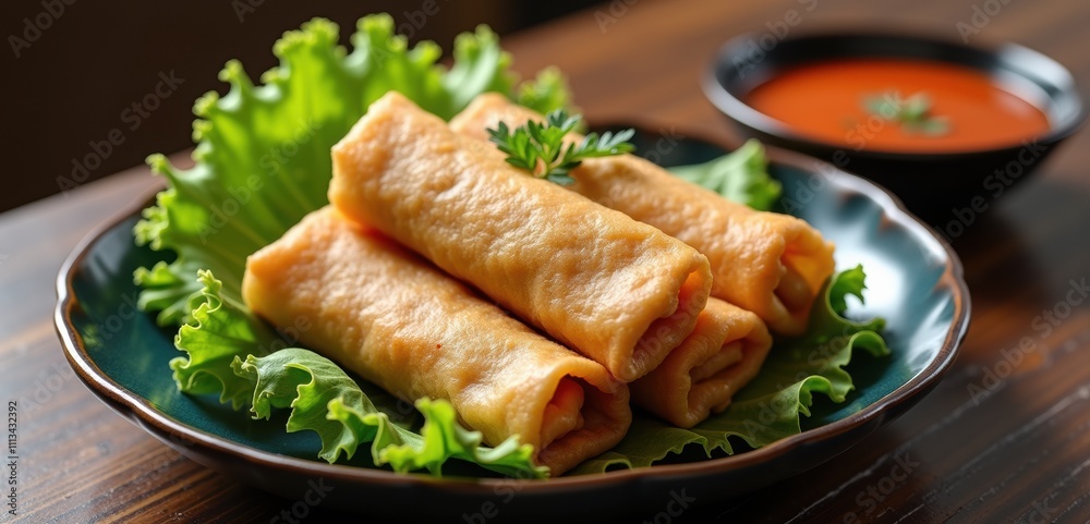 Delicious spring rolls served on a bed of fresh lettuce, accompanied by a savory dipping sauce, perfect for menus, food blogs, or culinary promotions. Delicious spring rolls served on a bed of fresh lettuce, accompanied by a savory dipping sauce, perfect for menus, food blogs, or culinary promotions.