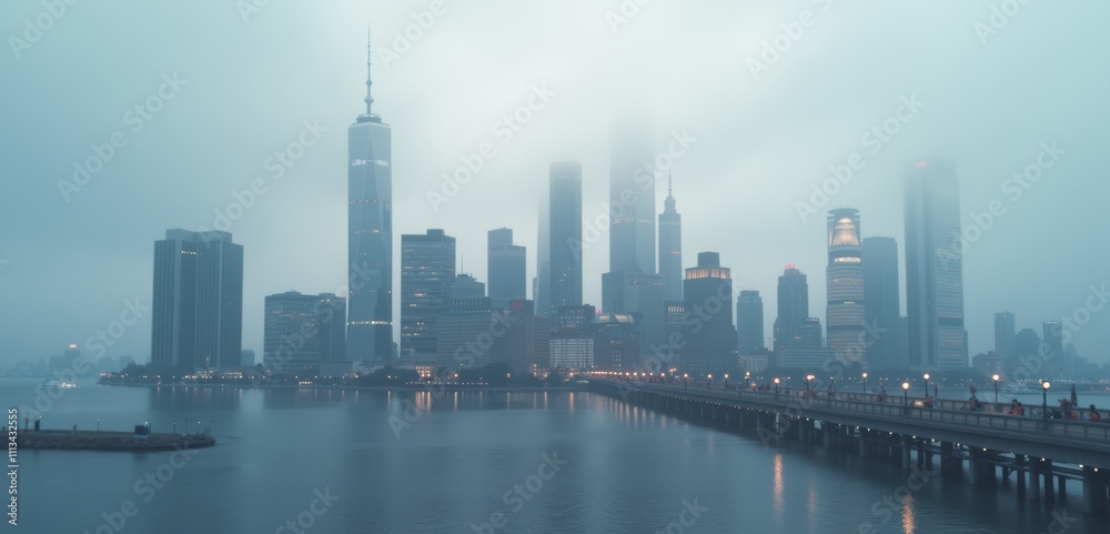 Obraz premium A misty skyline view of a modern city, capturing the essence of urban life and architecture, ideal for business, travel, or lifestyle projects.
