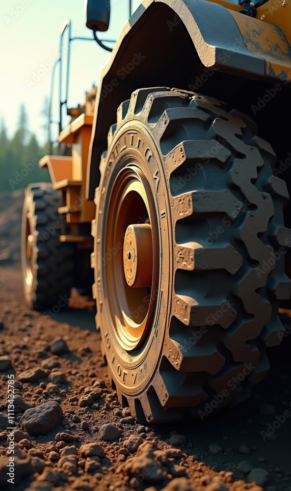 Close-up of heavy machinery tire on rough terrain, showcasing durability and rugged design, ideal for construction and industrial themes. Close-up of heavy machinery tire on rough terrain, showcasing durability and rugged design, ideal for construction and industrial themes.