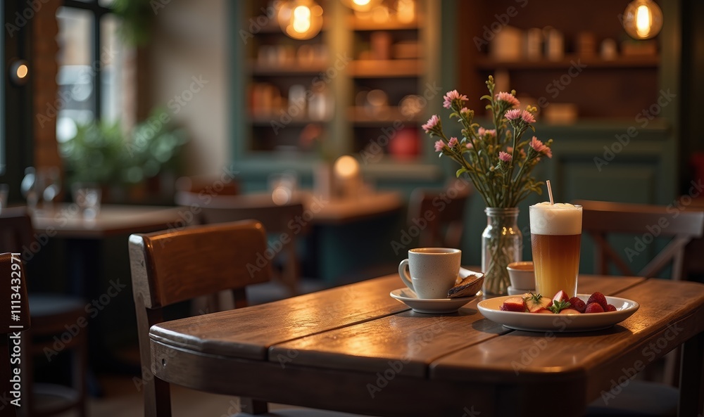 A cozy café setting featuring a wooden table with a cup of coffee, a glass of beer, fresh flowers, and a delicious plate of fruit, perfect for showcasing café culture. A cozy café setting featuring a wooden table with a cup of coffee, a glass of beer, fresh flowers, and a delicious plate of fruit, perfect for showcasing café culture.