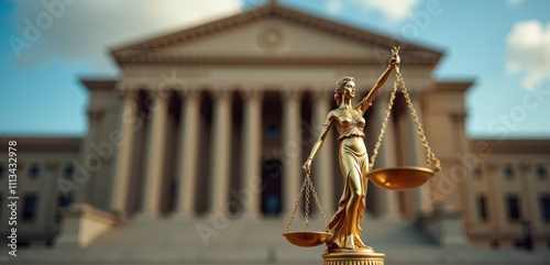 A striking image of Lady Justice holding scales, with a courthouse in the background, symbolizing law, fairness, and legal proceedings.