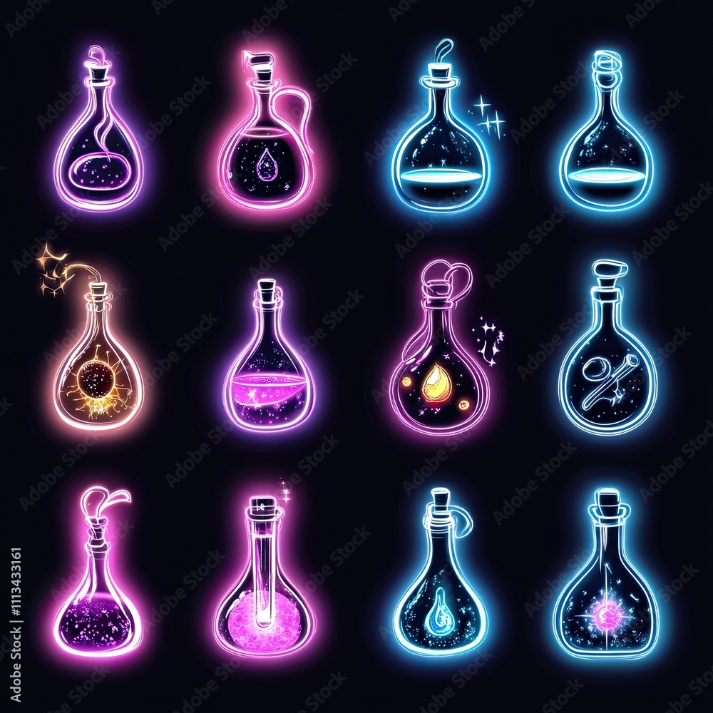 Twelve Neon Glowing Bottles of Magical Potions and Elixirs