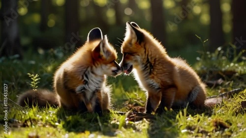 Animation of Fox Cubs Playing. Fox cubs running and tumbling through a forest clearing, their fur glowing in the sunlight. Lively motion. photo