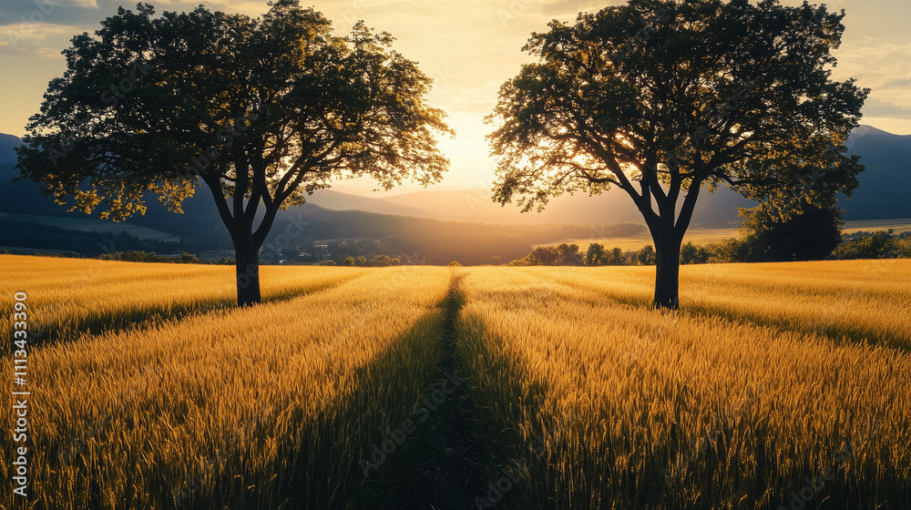 Fototapeta premium Golden Wheat Field at Sunset with Two Symmetrical Trees Framing the Horizon