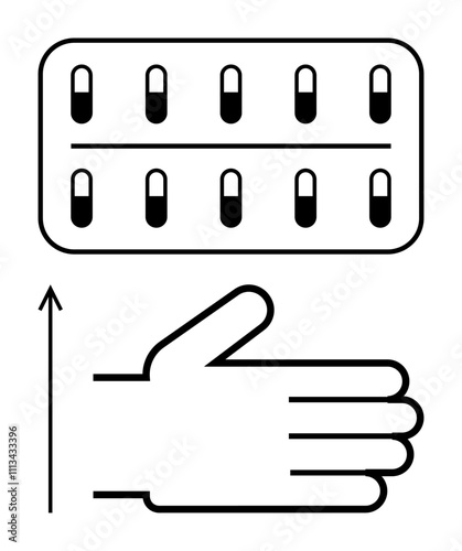 Medicine blister pack and upward extended hand icon. Ideal for health, safety, guidance, instruction, awareness, medical education, prescriptions. Line metaphor