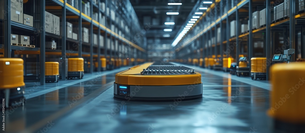 Automated guided vehicles (AGVs) navigate a warehouse floor, transporting goods between storage shelves. Automated guided vehicles (AGVs) navigate a warehouse floor, transporting goods between storage shelves.