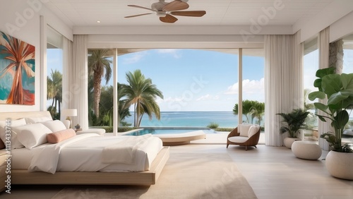 The bedroom of the Florida house has a view of the pool.