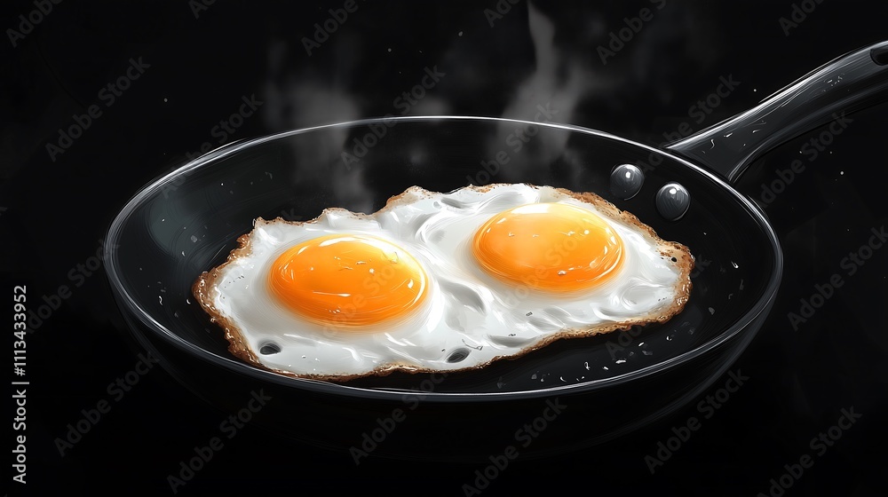 Illustration two sunny side up fried eggs cooking pan steaming hot dark background Illustration two sunny side up fried eggs cooking pan steaming hot dark background