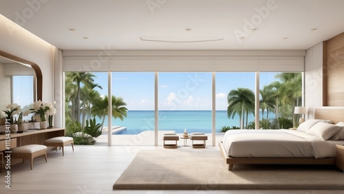 The bedroom of the Florida house has a view of the pool.