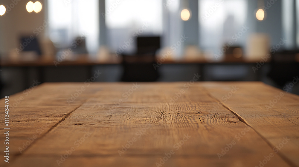 A rustic wooden tabletop with knots and imperfections adds natural character, set against a softly blurred background of a bustling office. Subtle hints of desktop monitors, coffee mugs, and hanging A rustic wooden tabletop with knots and imperfections adds natural character, set against a softly blurred background of a bustling office. Subtle hints of desktop monitors, coffee mugs, and hanging