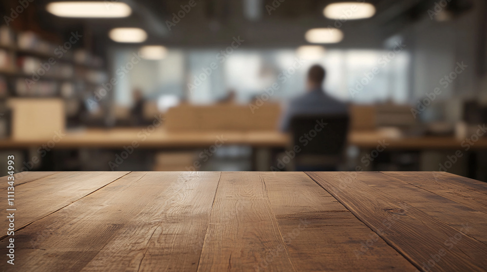 A textured wooden table with a rustic finish occupies the foreground. The blurred office background shows cubicles, file shelves, and muted overhead lights, creating a cozy and functional workspace A textured wooden table with a rustic finish occupies the foreground. The blurred office background shows cubicles, file shelves, and muted overhead lights, creating a cozy and functional workspace