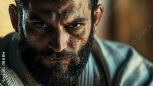 A determined martial artist with a rugged appearance displays intense focus as he prepares for an upcoming competition. The warm light of the dojo enhances his serious expression and dedication.