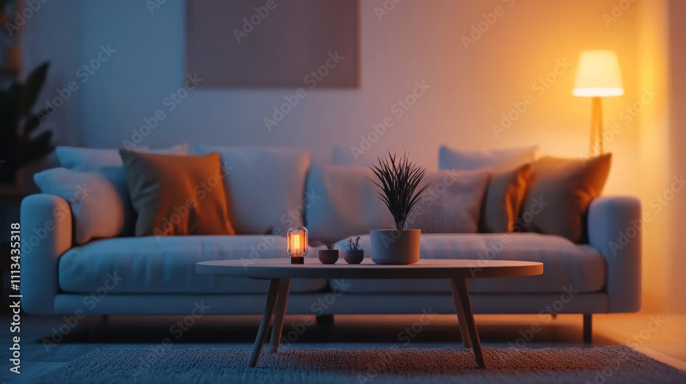 A cozy living room scene featuring modern sofa adorned with cushions, stylish coffee table, and warm ambient lighting. atmosphere is inviting and serene, perfect for relaxation A cozy living room scene featuring modern sofa adorned with cushions, stylish coffee table, and warm ambient lighting. atmosphere is inviting and serene, perfect for relaxation