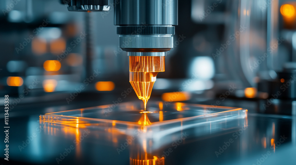 High tech laser engraving machine focusing on transparent glass plate, showcasing precision and advanced technology in manufacturing. glowing orange highlights create captivating atmosphere High tech laser engraving machine focusing on transparent glass plate, showcasing precision and advanced technology in manufacturing. glowing orange highlights create captivating atmosphere