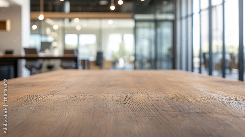A long wooden table with a natural, rustic finish stretches across the foreground, its texture in sharp focus. The blurred office backdrop includes elements like glass walls, soft pendant lighting, A long wooden table with a natural, rustic finish stretches across the foreground, its texture in sharp focus. The blurred office backdrop includes elements like glass walls, soft pendant lighting,