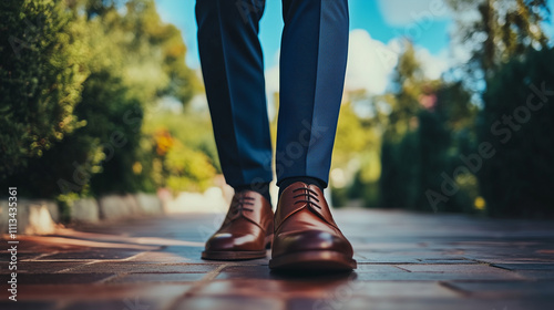 a man wearing a dark blue suit and brown luxury shoes on a sunny day